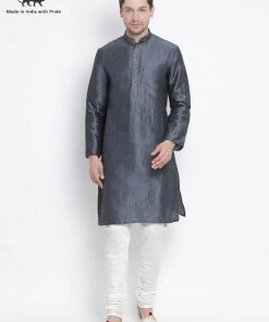 Vastramay Men's Grey Cotton Silk Blend Kurta And Pyjama Set