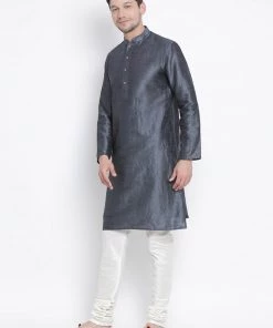 Vastramay Men's Grey Cotton Silk Blend Kurta And Pyjama Set