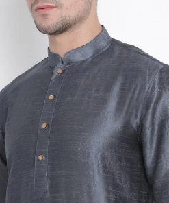 Vastramay Men's Grey Cotton Silk Blend Kurta And Pyjama Set