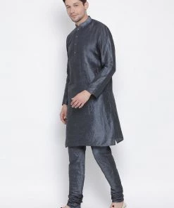 Vastramay Men's Grey Cotton Silk Blend Kurta And Pyjama Set