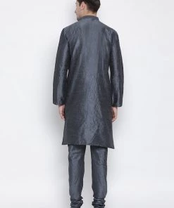 Vastramay Men's Grey Cotton Silk Blend Kurta And Pyjama Set