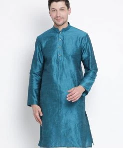 Vastramay Men's Dark Green Cotton Silk Blend Kurta