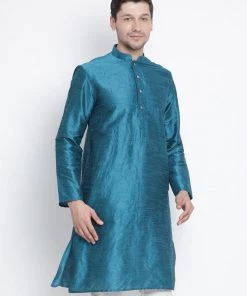 Vastramay Men's Dark Green Cotton Silk Blend Kurta