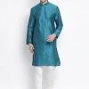 Vastramay Men's Dark Green Cotton Silk Blend Kurta And Pyjama Set