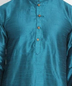 Vastramay Men's Dark Green Cotton Silk Blend Kurta And Pyjama Set