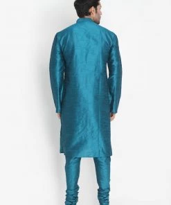Vastramay Men's Dark Green Cotton Silk Blend Kurta And Pyjama Set