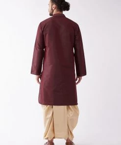 VASTRAMAY Men's Burgundy Silk Blend Kurta And Gold Dhoti Set