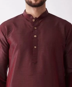 VASTRAMAY Men's Burgundy Silk Blend Kurta And Gold Dhoti Set