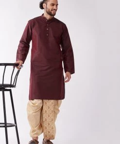 VASTRAMAY Men's Burgundy Silk Blend Kurta And Gold Dhoti Set