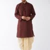 Vastramay Men's Burgundy And Gold Silk Blend Kurta And Dhoti Set
