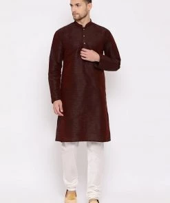 Vastramay Men's Burgundy Silk Blend Kurta And Pyjama Set