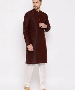 Vastramay Men's Burgundy Silk Blend Kurta And Pyjama Set