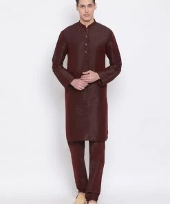 Vastramay Men's Burgundy Silk Blend Kurta And Pyjama Set