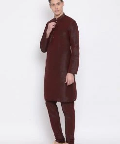 Vastramay Men's Burgundy Silk Blend Kurta And Pyjama Set