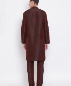 Vastramay Men's Burgundy Silk Blend Kurta And Pyjama Set