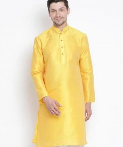 Vastramay Men's Yellow Cotton Silk Blend Kurta