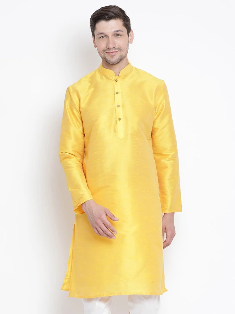 Vastramay Men's Yellow Cotton Silk Blend Kurta 3 Vastramay Men's Yellow Cotton Silk Blend Kurta