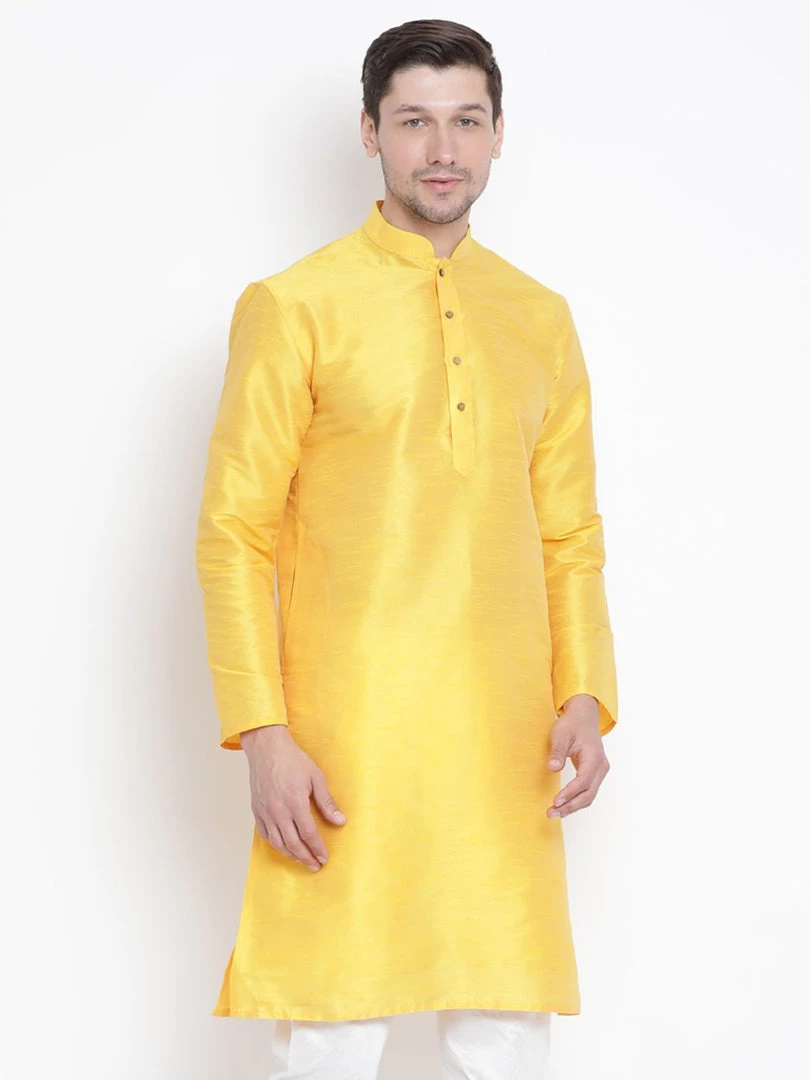 Vastramay Men's Yellow Cotton Silk Blend Kurta 4 Vastramay Men's Yellow Cotton Silk Blend Kurta