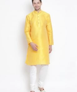 Vastramay Men's Yellow Cotton Silk Blend Kurta 12 Vastramay Men's Yellow Cotton Silk Blend Kurta