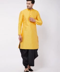 VASTRAMAY Men's Yellow And Black Silk Blend Kurta And Dhoti Set