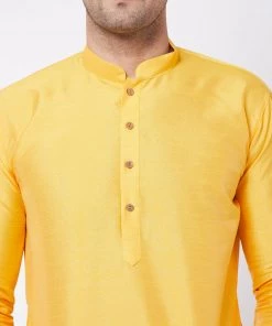 VASTRAMAY Men's Yellow And Black Silk Blend Kurta And Dhoti Set