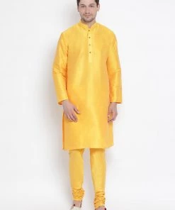 Vastramay Men's Yellow Cotton Silk Blend Kurta And Pyjama Set