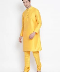 Vastramay Men's Yellow Cotton Silk Blend Kurta And Pyjama Set