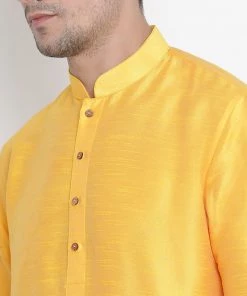 Vastramay Men's Yellow Cotton Silk Blend Kurta And Pyjama Set