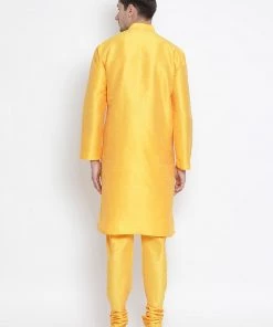 Vastramay Men's Yellow Cotton Silk Blend Kurta And Pyjama Set
