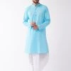 VASTRAMAY Men's Aqua Blue And White Cotton Blend Kurta And Dhoti Set
