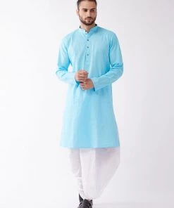 VASTRAMAY Men's Aqua Blue And White Cotton Blend Kurta And Dhoti Set