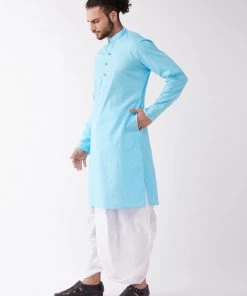 VASTRAMAY Men's Aqua Blue And White Cotton Blend Kurta And Dhoti Set