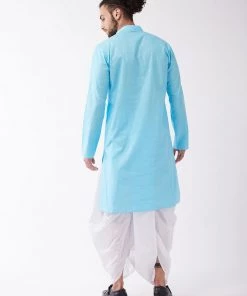 VASTRAMAY Men's Aqua Blue And White Cotton Blend Kurta And Dhoti Set