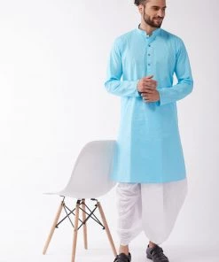 VASTRAMAY Men's Aqua Blue And White Cotton Blend Kurta And Dhoti Set