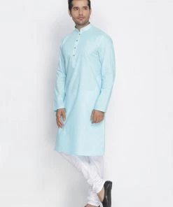 Vastramay Men's Light Blue Cotton Kurta And Pyjama Set