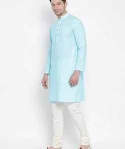 Vastramay Men's Light Blue Cotton Kurta And Pyjama Set