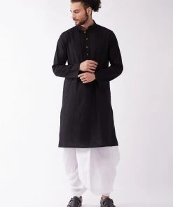 VASTRAMAY Men's Black Cotton Blend Kurta And White Dhoti Set