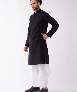 VASTRAMAY Men's Black Cotton Blend Kurta And White Dhoti Set