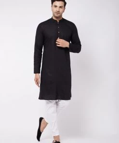 VASTRAMAY Men's Black Solid Cotton Blend Kurta & White Pyjama Set Kurta Sets