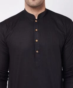 VASTRAMAY Men's Black Solid Cotton Blend Kurta & White Pyjama Set Kurta Sets