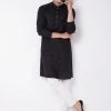 VASTRAMAY Men's Black Solid Cotton Blend Kurta & White Pyjama Set Kurta Sets