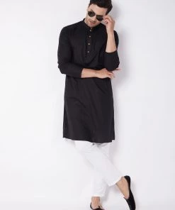 VASTRAMAY Men's Black Solid Cotton Blend Kurta & White Pyjama Set Kurta Sets
