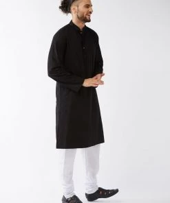 VASTRAMAY Men's Black Cotton Linen Blend Kurta And Pyjama Set