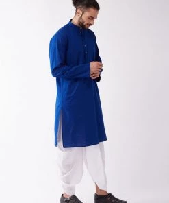 VASTRAMAY Men's Blue And White Cotton Blend Kurta And Dhoti Set