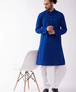 VASTRAMAY Men's Blue And White Cotton Blend Kurta And Dhoti Set