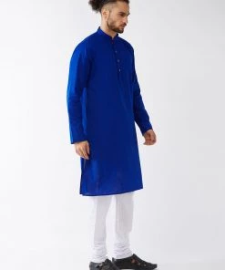 VASTRAMAY Men's Blue Cotton Kurta And White Pyjama Set