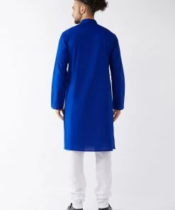 VASTRAMAY Men's Blue Cotton Linen Blend Kurta And Pyjama Set