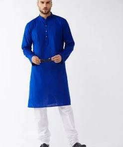 VASTRAMAY Men's Blue Cotton Linen Blend Kurta And Pyjama Set