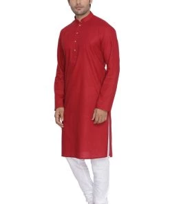 Vastramay Men's Maroon Cotton Kurta And Pyjama Set