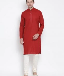 Vastramay Men's Maroon Cotton Kurta And Pyjama Set